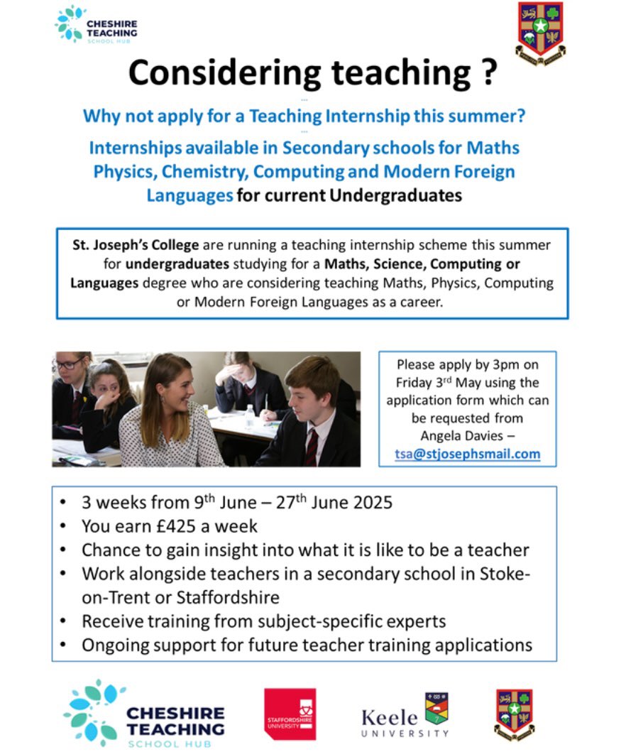 🗣️Why not try a Teaching Internship this year?
This is a great opportunity to get a taste of what it’s like to be a teacher and receive training from subject experts!

Application forms can be requested through tsa@stjosephsmail.com ✨