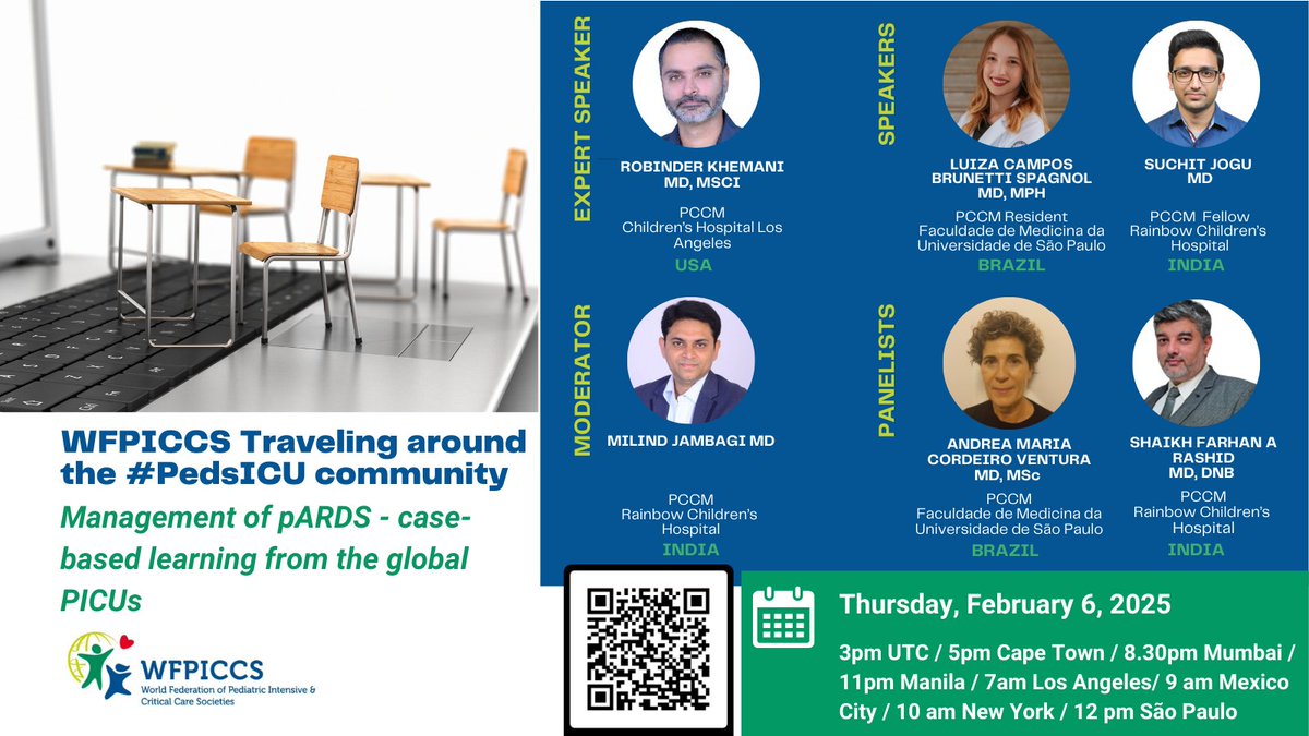 WFPICCS (@wfpiccs) on Twitter photo 📢Managing children w/ #pARDS?
➡️Our upcoming "Traveling Around the #PedsICU Community" 🧑💻 will focus on the management of pARDS - case-based learning from PICUs in #Brazil & #India w/ expert🗣️ <a href="/RobyKhemaniMD/">Roby Khemani</a>‼️
🗓️Thur, Feb 6
⏱️3pm UTC
📍Register 👉tinyurl.com/yf8fjt52 📢Managing children w/ #pARDS?
➡️Our upcoming "Traveling Around the #PedsICU Community" 🧑💻 will focus on the management of pARDS - case-based learning from PICUs in #Brazil & #India w/ expert🗣️ <a href="/RobyKhemaniMD/">Roby Khemani</a>‼️
🗓️Thur, Feb 6
⏱️3pm UTC
📍Register 👉tinyurl.com/yf8fjt52