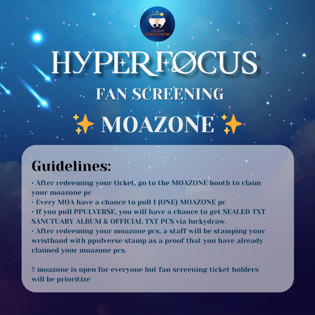tubatuph's tweet photo. Can't wait to see TXT's concert in 4dx?
Come and join us in our fan screening event and have a chance to pull ppulverse and a chance to bring home SEALED TXT ALBUM and OFFICIAL PHOTOCARDS!
Experience MOAZONE in the PH 🫶✨️
#TXT_HYPERFOCUS_IN_PH #TXTHYPERFOCUS https://t.co/ChFblFlDNz