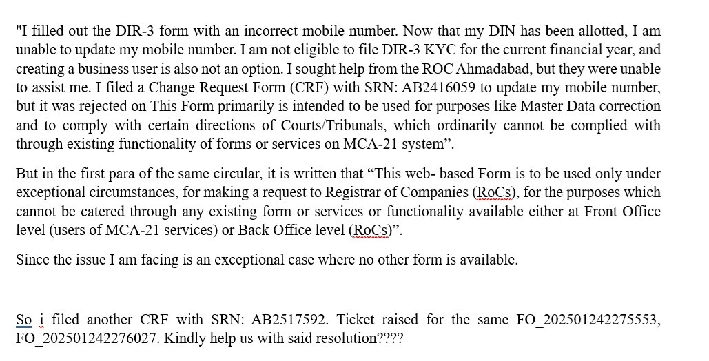GorNigam's tweet photo. wrong mobile number mentioned in DIR-3. Now DIN is allotted and we are not able to change the mobile number. We cannot create Business user, CRF reject. what is a solution????@MCA21India  @nsitharamanoffc @PMOIndia  @rashtrapatibhvn @HelpdeskMCA21V3 @MCA21Services https://t.co/qbaKdatmx1