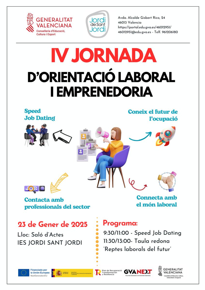 FAdsisValencia's tweet photo. Ahir vam ser convidades a la IV Jornada d'Orientació Laboral a l'@iesjordidsj on la nostra orientadora Laura Marín participà en la Sessió de 'speed job dating' i la nostra directora del Centre #Taleia Ana Fornés intervingué en la Taula redona sobre els 'Reptes laborals del futur' https://t.co/3b3U4LfDzf