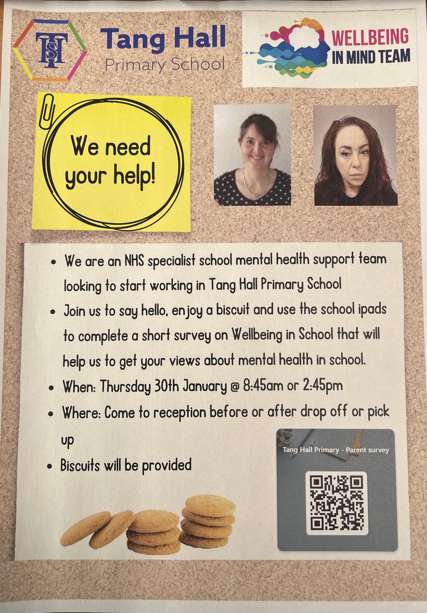 We need your help! Kirsty and Amy from the Wellbeing In Mind service would like to invite all families into school at either morning drop-off or before afternoon collection on Thursday 30th January for a drink and biscuit and to give your views about mental health in school.