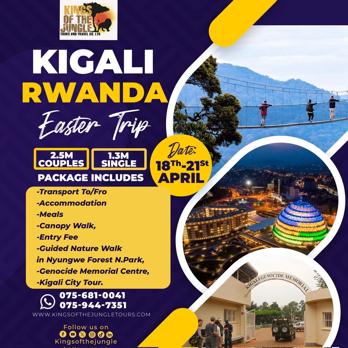 EASTER ESCAPADE IN RWANDA!
Join us for an unforgettable adventure in the Land of a Thousand Hills!
Explore vibrant Kigali, immerse yourself in rich Rwandan culture &amp; create lifelong memories this Easter
Book now: kingsofthejungletours.com 
WhatsApp: +256 756 810041 |+256 759 447351