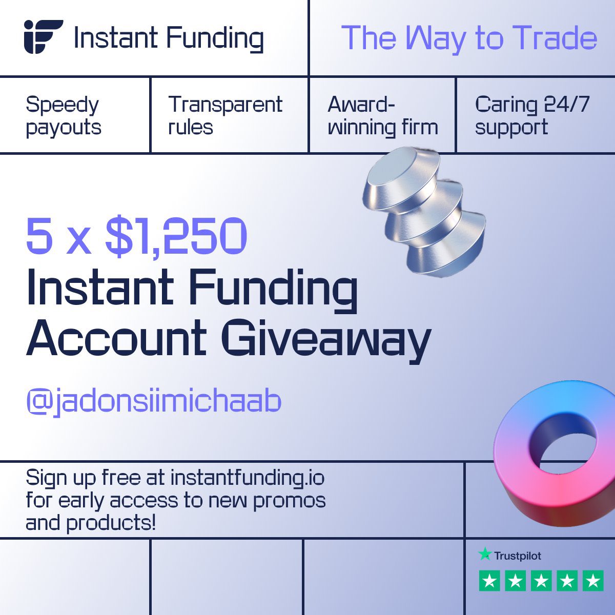 JadonsiiMichaab's tweet photo. 5x $1.250 Instant Funding account giveaway with @InstantFunding_ ! 🎁 🎁 🎁

Make sure to:
⚡ Like and retweet this post 
⚡ Follow @InstantFunding_ , @jadonsiiMichaab , @LewisM_IF 

Winners will be announced on Fabruary 11th! 🎉
Follow to be eligible to win! 🏅

Join Discord for more giveaways and competitions! 
https://t.co/agTT6qSaGi

They have a promotion right now! 🚨
