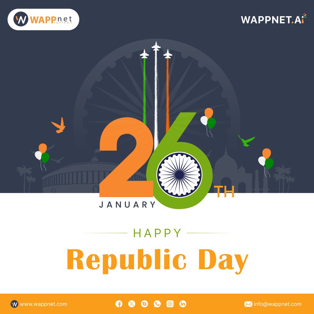 WappnetS's tweet photo. On this Republic Day, we honor the values of unity, progress, and innovation that drive our nation forward.

Let’s continue building smarter, more connected solutions that drive innovation and empower businesses to thrive in the digital age.

Wishing everyone a #HappyRepublicDay! https://t.co/7U0LGOkLac