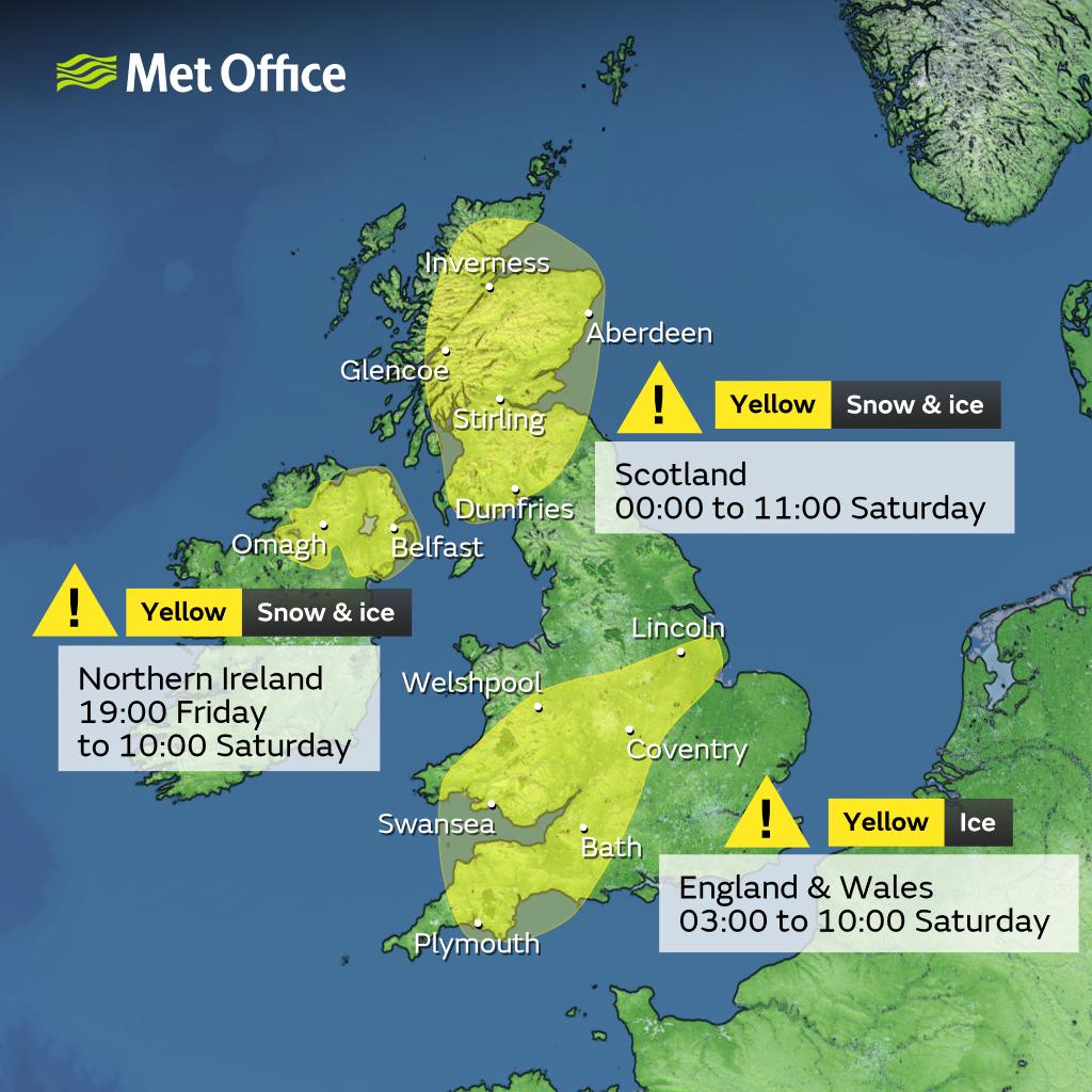 metoffice's tweet photo. ⚠️ Yellow weather warnings issued ⚠️

Snow &amp; ice across parts of the UK during Friday night and Saturday morning

Latest info 👉 https://t.co/QwDLMfRBfs

Stay #WeatherAware⚠️ https://t.co/2f9qu2uYSc