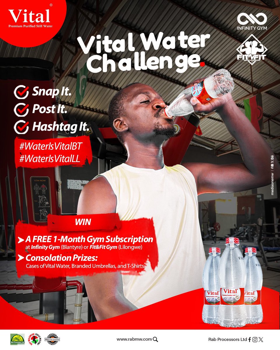 Lilongwe and Blantyre, it’s your time to shine! Stand a chance to win a FREE 1-month gym subscription and exciting consolation prizes. All you have to do is follow the instructions on the poster.

Don’t wait—join the challenge and let Vital Water fuel your fitness journey! 🏋🏽‍♀️🔥