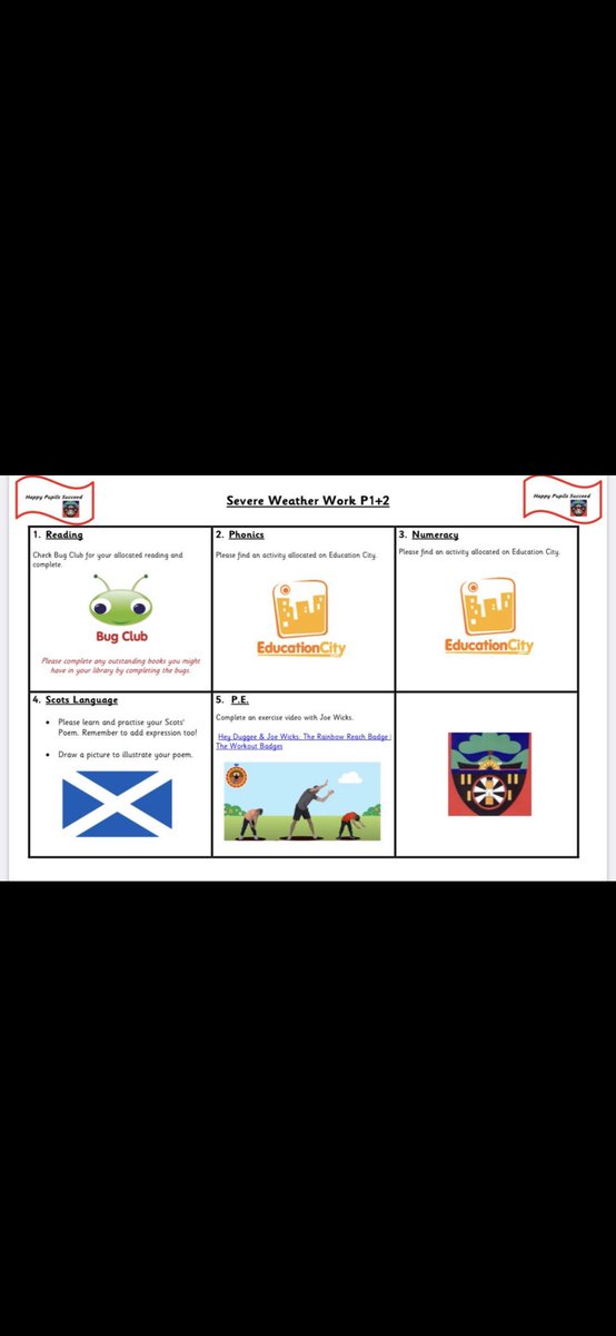 Morning P2/1. Home learning grids are available on our school website and I've uploaded more tasks to Bug Club and Education City. 
I’ve attached a copy of the grid below too.

Stay safe and cosy indoors and I'll see you all on Monday. ☺️