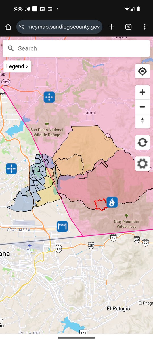 deptraibrucie's tweet image. Here's a map for the border fire in San Diego near Otay Mesa, red-evacuate, yellow-warning to be ready to evacuate #borderfire2 #sandiego source: emergencymap.sandiegocounty.gov/index.html
