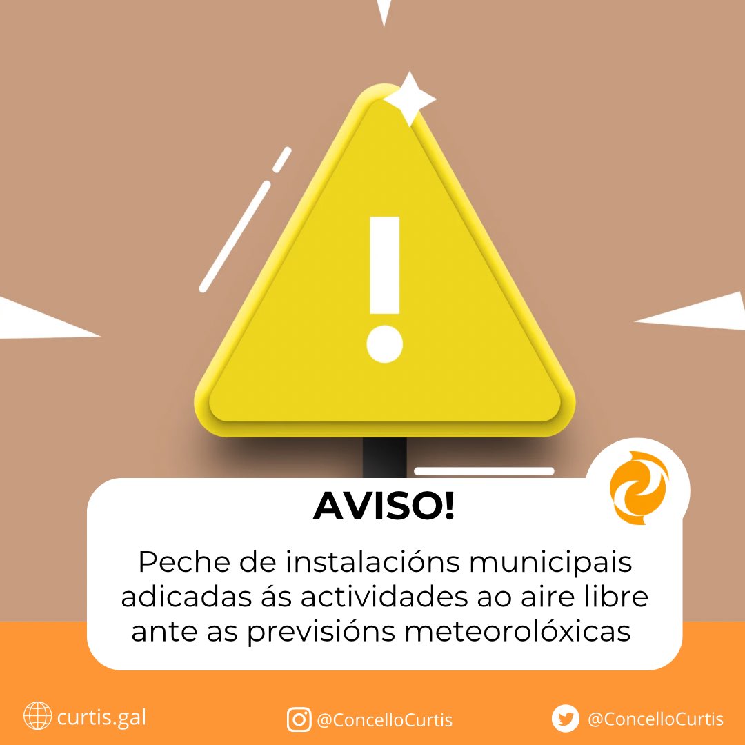 📣AVISO

🌬️Ante a previsión meteorolóxica prevista, o Concello pecha as instalacións municipais adicadas ás actividades ao aire libre dende hoxe ás 15:00 h ata luns ás 8:00 h. 

‼️Solicitamos que se extremen as precaucións e, en caso de emerxia, chame ao 112.