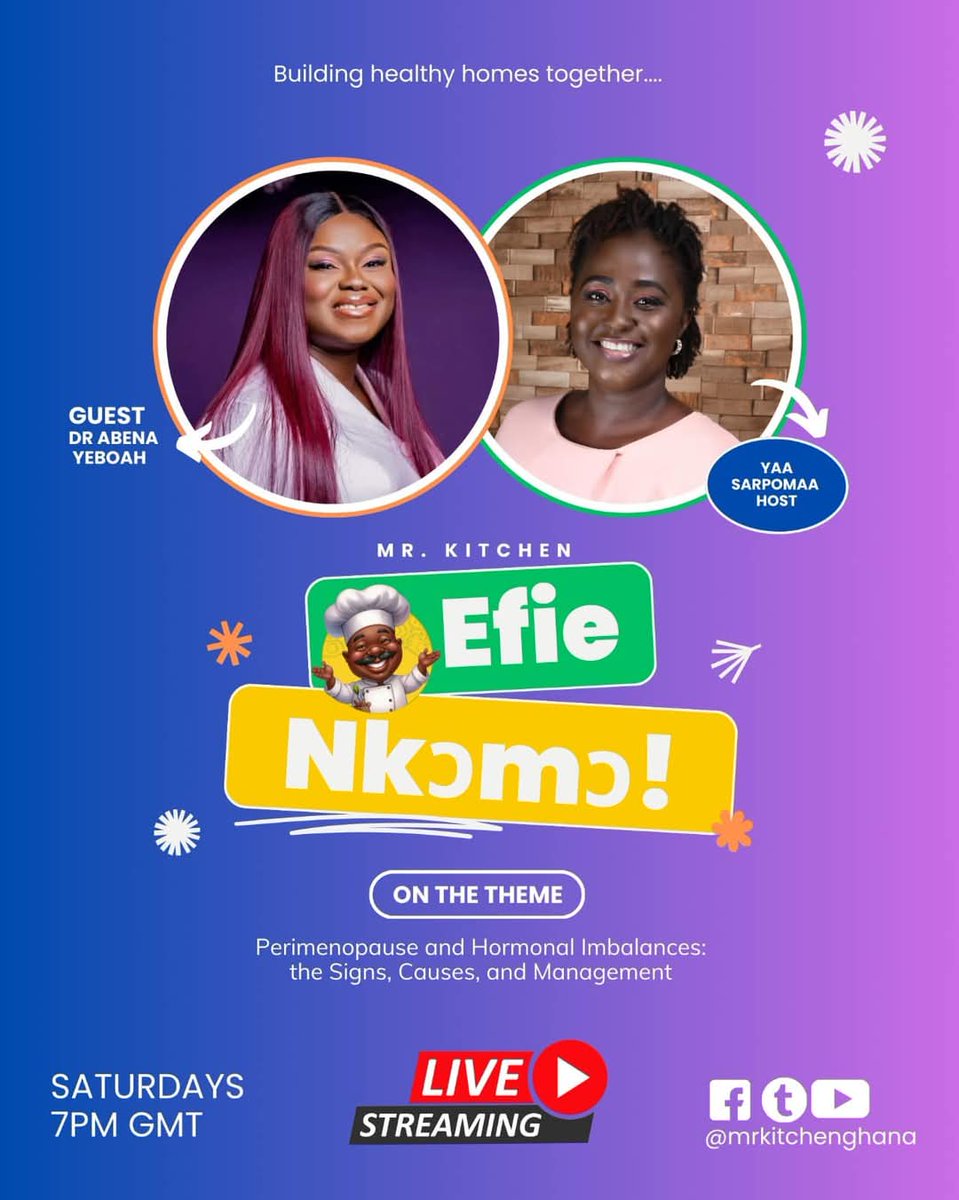 ysarpomaa's tweet photo. Perimenopause
What do you know about it? Join me live on @mrkitchengh at 7pm as I host Dr. Abena Yeboah as she educates us on it. 
It will be insightful.
Efie nkɔmɔ.... building healthier homees together

#efienkɔmɔ #healthylifestyle #sociallifestyle #podcast https://t.co/dQhdY33YuG