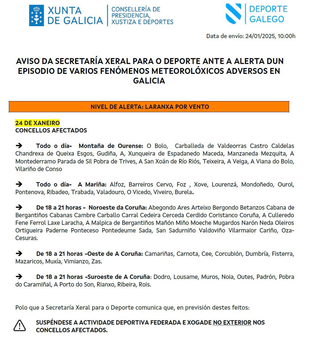 🚨 ÚLTIMA HORA | Alerta da Xunta de Galicia

❌ A Xunta de Galicia decreta a suspensión dos partidos programados para hoxe nestes concellos por mor de varios fenómenos meteorolóxicos adversos