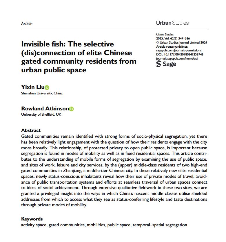 USJ_online's tweet photo. Invisible fish: The selective (dis)connection of elite Chinese gated community residents from urban public space by @Eason44180440 and Rowland Atkinson
https://t.co/HLg4qLjzwS
#mobilities #ActivitySpace #GatedCommunities https://t.co/mLdvumWU2P