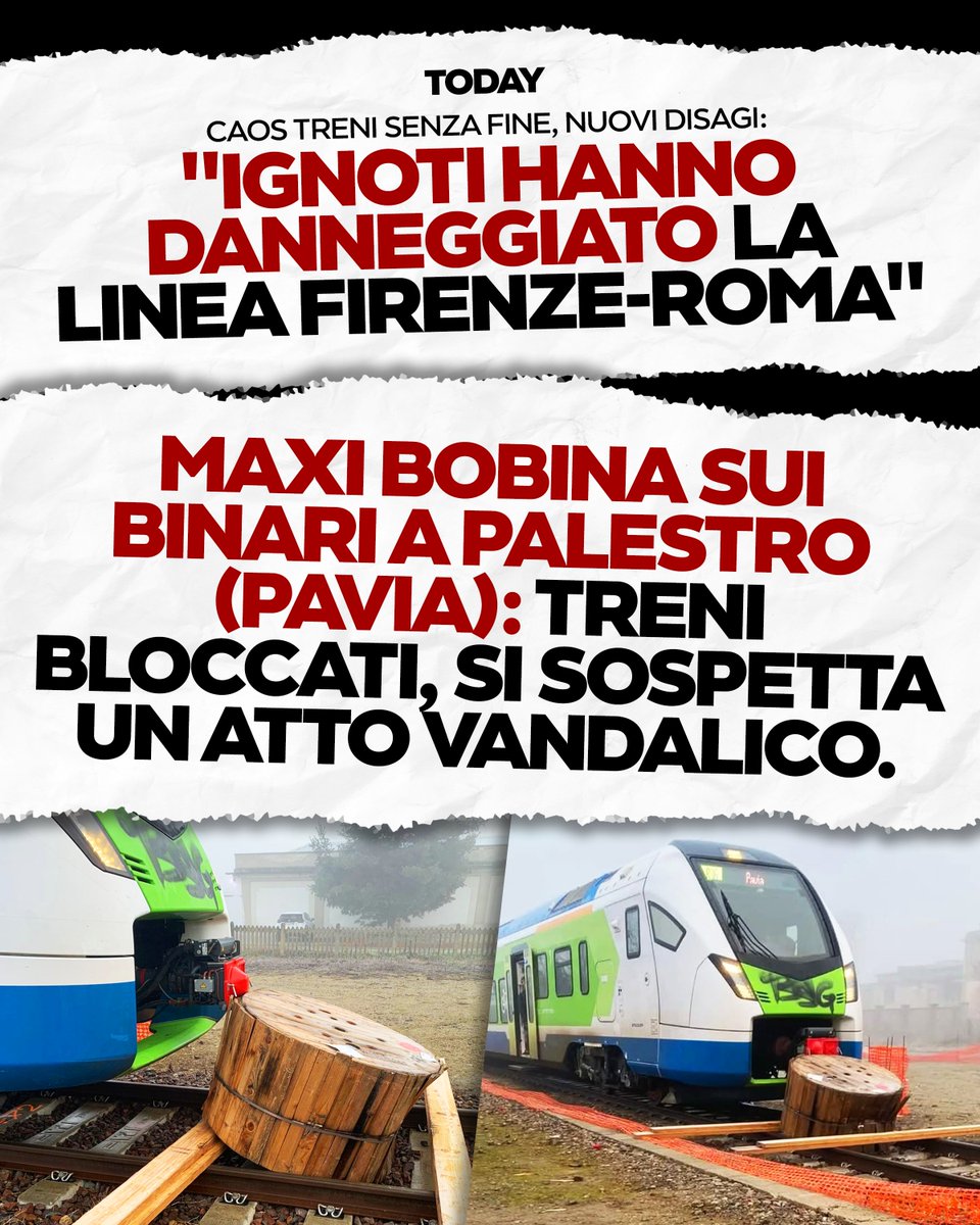 matteosalvinimi's tweet photo. Danneggiamenti sulla linea Firenze-Roma, nella notte, e problemi anche in Lombardia per la presenza di grosse bobine sui binari in provincia di Pavia.
Ennesimi episodi che rendono difficile la circolazione dei treni.
La notizia rassicurante è che, dopo l’esposto di Fs per possibili sabotaggi, la puntualità è incrementata a partire dall’alta velocità. Non abbassiamo la guardia.