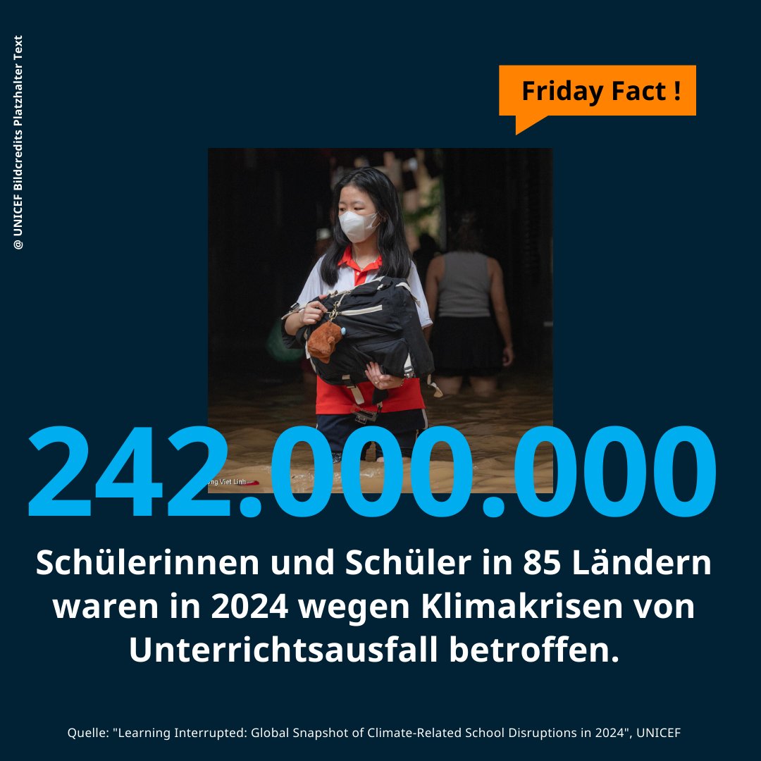 Schulbildung von fast einer 1/4 Milliarde Kinder weltweit beeinträchtigt! 
Regierungen und der Privatsektor müssen dringend Maßnahmen zum Schutz von Kindern vor den zunehmenden Klimaauswirkungen ergreifen. #Weltbildungstag 

Mehr Infos: unicef.de/informieren/ak…