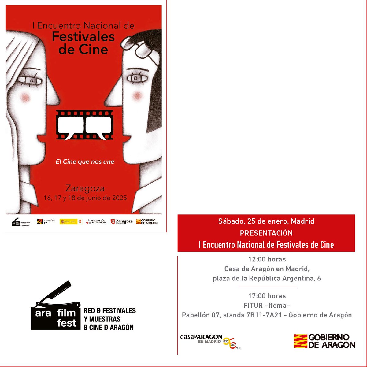 ¡El Primer Encuentro Nacional de Festivales de Cine se celebrará en #Zaragoza los días 16, 17 y 18 de junio❗

Y precisamente este sábado el evento se presenta en #Madrid, tanto en la #CasadeAragón como en #Fitur.

👀 Tenéis en el cartel ubicaciones 📌 y horas ⏰😍