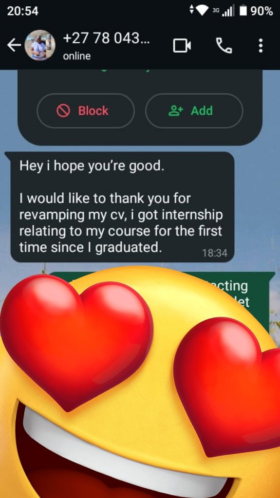 Ephraim_Snr's tweet photo. Revamp your CV to attract recruiters
Only R25 for the unemployed and R50 for the employed. CV + Cover letter R90

Dm, call or WhatsApp: 073 330 8330

#BBMzansiumlilo https://t.co/Ud6Wi8mg9R