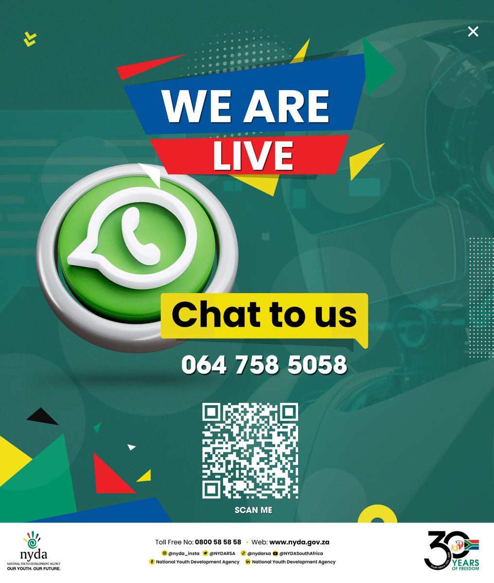 NYDARSA's tweet photo. Do you need information, support, and guidance on NYDA programmes and services?
The NYDA WhatsApp line is a convenient platform designed to enhance accessibility and communication with young South Africans.
WhatsApp us now on 064 758 5058!
#NYDA #WhatsApp #ChatToUs #WeAreOnline #SouthAfrica #SouthAfricans #Mzansi #FridayFeeling