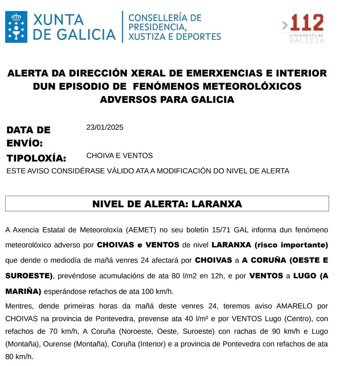 bombeiroscoruna's tweet photo. #AlertaLaranxa | A Dir. Xeral de Emerxencias e Interior ALERTA varios episodios de fenómenos meteorolóxicos adversos #Coruña
🗓️ Venres 24 (dende o mediodía).
⚠️ NIVEL DE ALERTA:
➡️ CHUVIA 🌧️ 🟠
➡️ COSTEIROS 🌊🟠
➡️ VENTO 💨 🟠
#sentidiño https://t.co/QJnfHOIClP