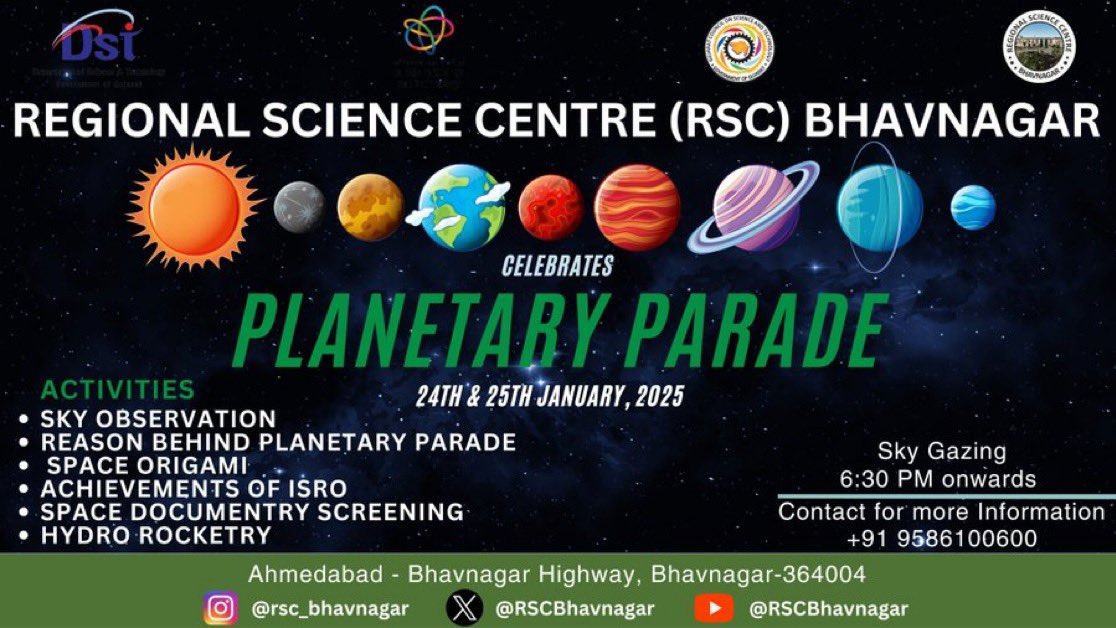 JoshiRiddhi15's tweet photo. Get ready for a #CosmicShow! Join @RSCBhavnagar on 24th-25th Jan to witness Mercury, Venus, Mars, Jupiter & Saturn aligning in the sky! Don't miss this rare #astronomical event! #Space #SolarSystem https://t.co/8Sy55nKhxZ