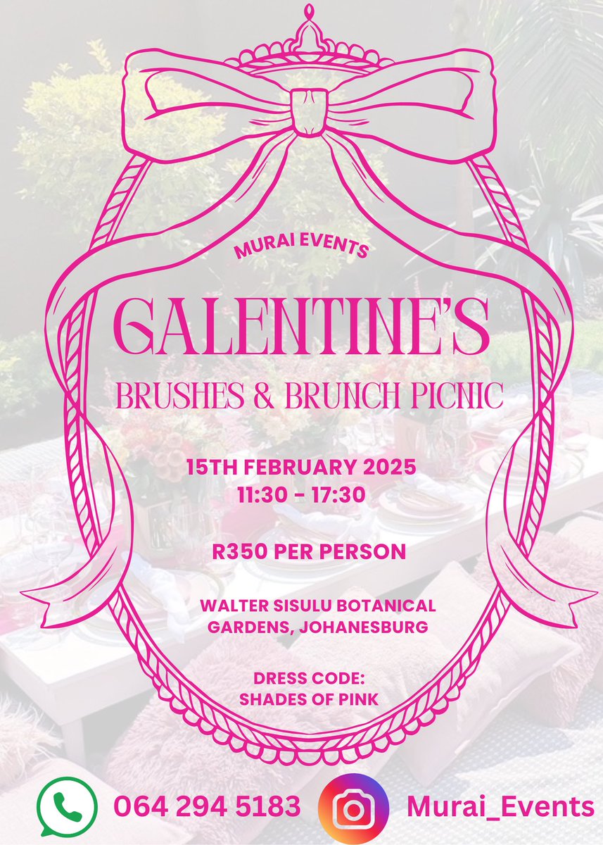 Maureen_Murai's tweet photo. Calling all the fabulous ladies! 💖 

Get ready for the ultimate Galentine’s celebration on Feb 15th at @sisulu_garden 

Dress in your finest shades of pink and join us for a fun-filled brunch, good vibes, and even better company! 💕 Tickets are R350 – you won’t want to miss this https://t.co/OhhZSh0R2i