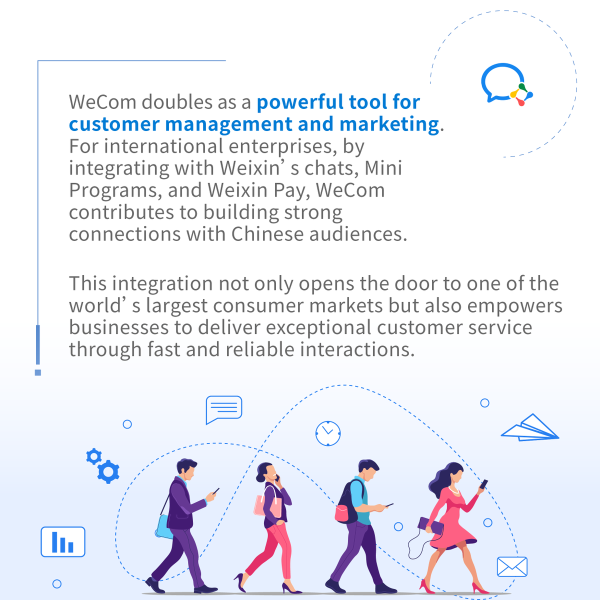 Weixin_WeChat's tweet photo. WeCom seamlessly integrates global collaboration and customer engagement. It empowers Chinese businesses to expand internationally while assisting global companies in driving digital transformation and connecting with China's market. 

#WeCom #GlobalBusiness #Collaboration https://t.co/KPHNZQob7e