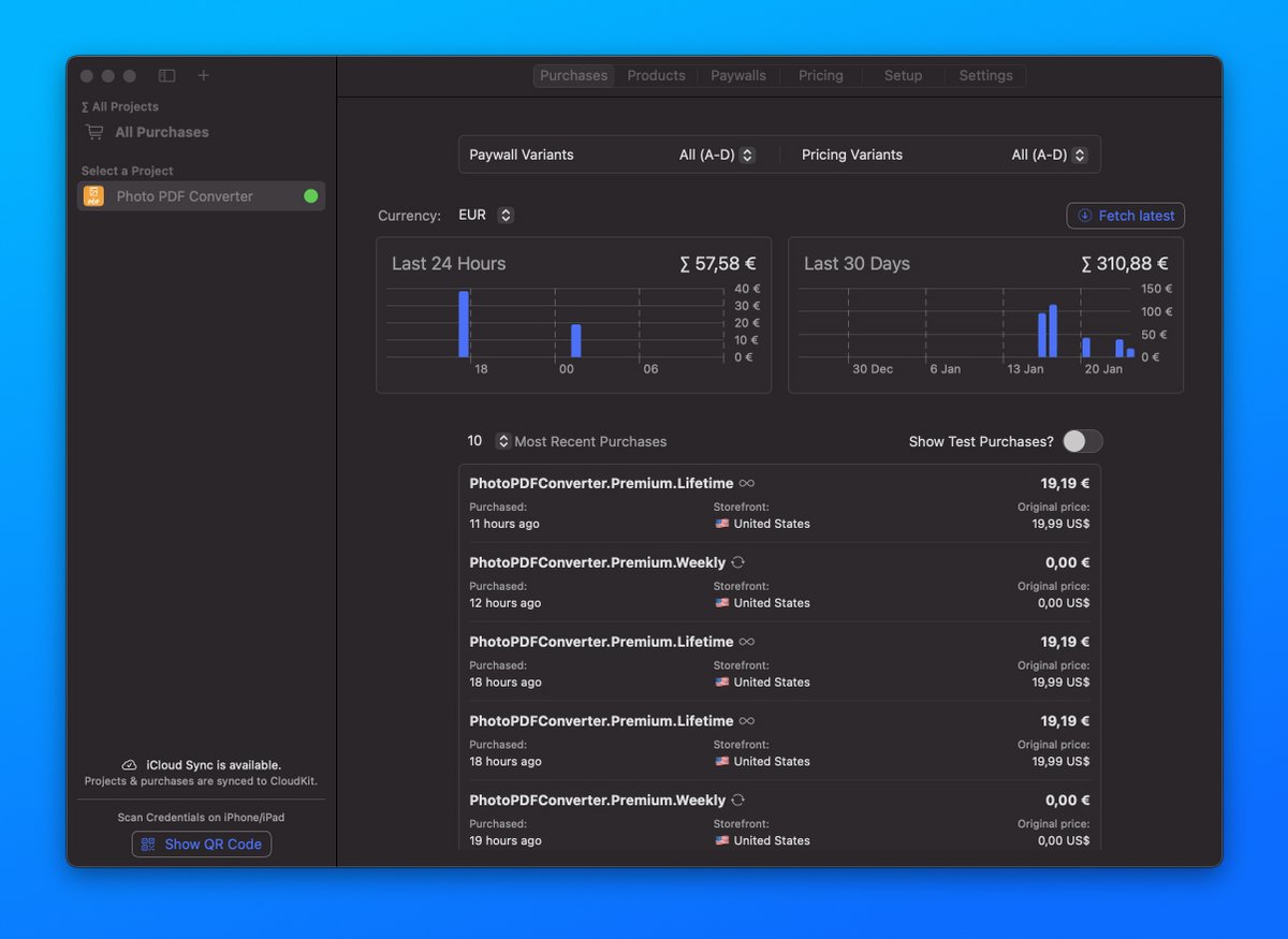I'm using <a href="/FreemiumKit/">FreemiumKit: In-App Purchases for  Platforms</a>  for implementing in App Purchases and for looking at my sales.

It is a software created by <a href="/Jeehut/">Cihat Gündüz</a> , an indie developer.

The software creates all the in app purchases for you, and also let you to A/B test your paywall, give it a look

#buildinpublic