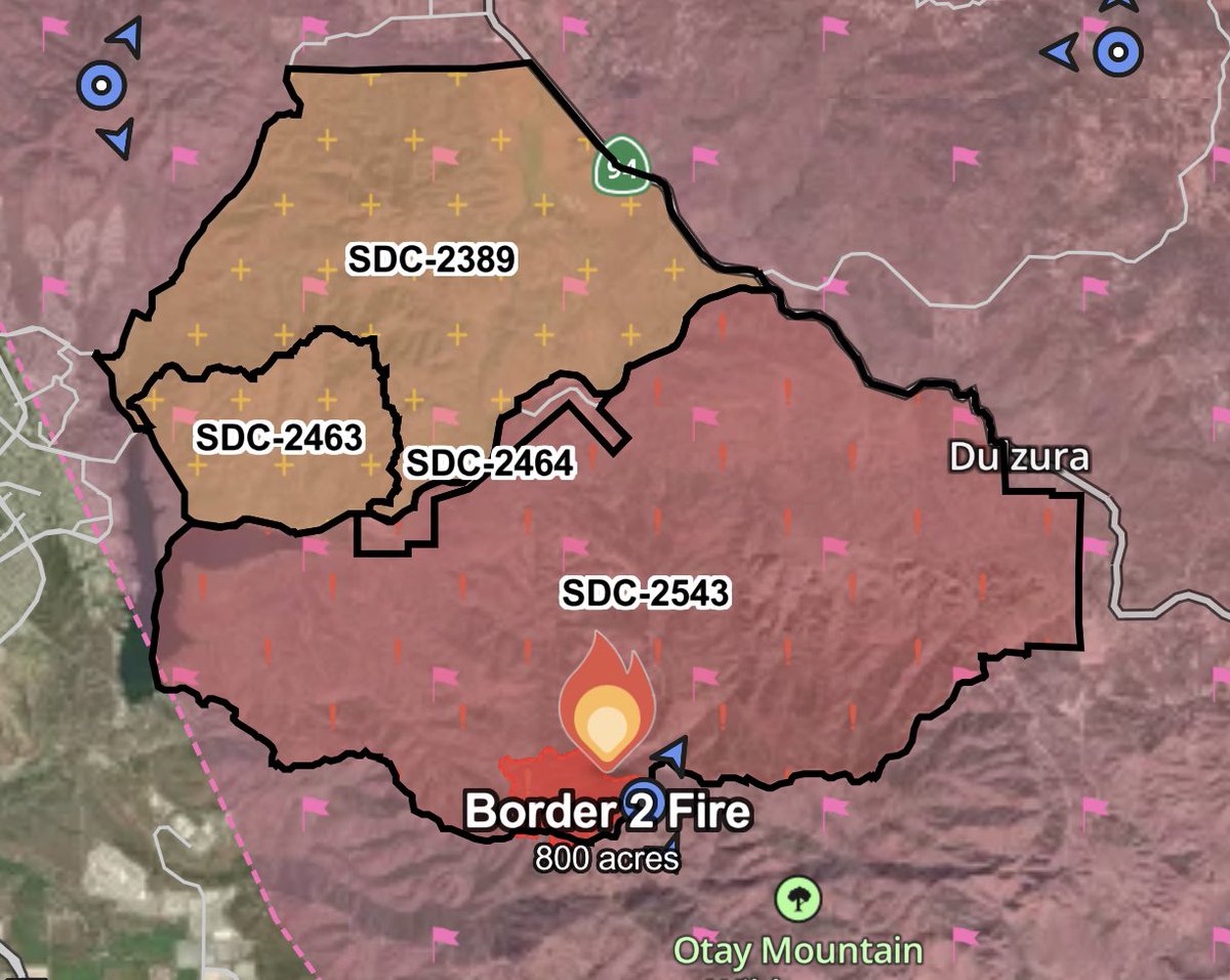 SDSheriff's tweet photo. #Border2Fire A brush fire is burning near Otay Mountain Truck Trail located within the Otay Wilderness Area. An EVACUATION ORDER has been issued for people who live in the red shaded areas as shown on the maps below. It means there is an immediate threat and you need to leave right now. 

An EVACUATION WARNING has also been issued for the areas in yellow. Be prepared to evacuate should conditions change. If you feel you are in danger, GO! 

To see maps of the affected areas, visit: https://t.co/W02RwhOqC5 and https://t.co/oWIBH651Dp.

The temporary evacuation point is at Southwestern College located at 900 Otay Lakes Road in Chula Vista.

This is a developing situation. Continue to monitor @CALFIRESANDIEGO @SDSheriff @AlertSanDiegoCo for the latest updates.