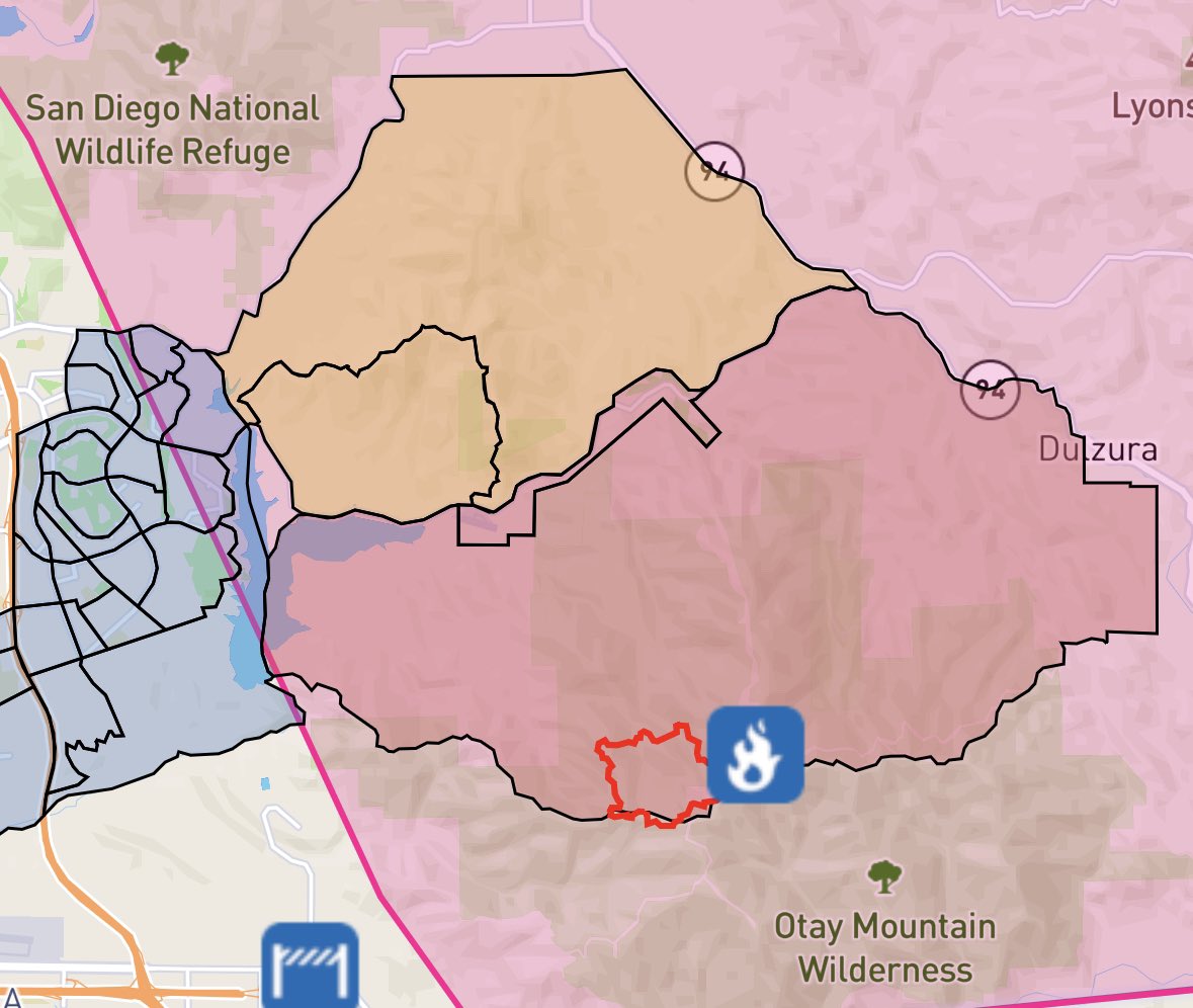 SDSheriff's tweet photo. #Border2Fire A brush fire is burning near Otay Mountain Truck Trail located within the Otay Wilderness Area. An EVACUATION ORDER has been issued for people who live in the red shaded areas as shown on the maps below. It means there is an immediate threat and you need to leave right now. 

An EVACUATION WARNING has also been issued for the areas in yellow. Be prepared to evacuate should conditions change. If you feel you are in danger, GO! 

To see maps of the affected areas, visit: https://t.co/W02RwhOqC5 and https://t.co/oWIBH651Dp.

The temporary evacuation point is at Southwestern College located at 900 Otay Lakes Road in Chula Vista.

This is a developing situation. Continue to monitor @CALFIRESANDIEGO @SDSheriff @AlertSanDiegoCo for the latest updates.