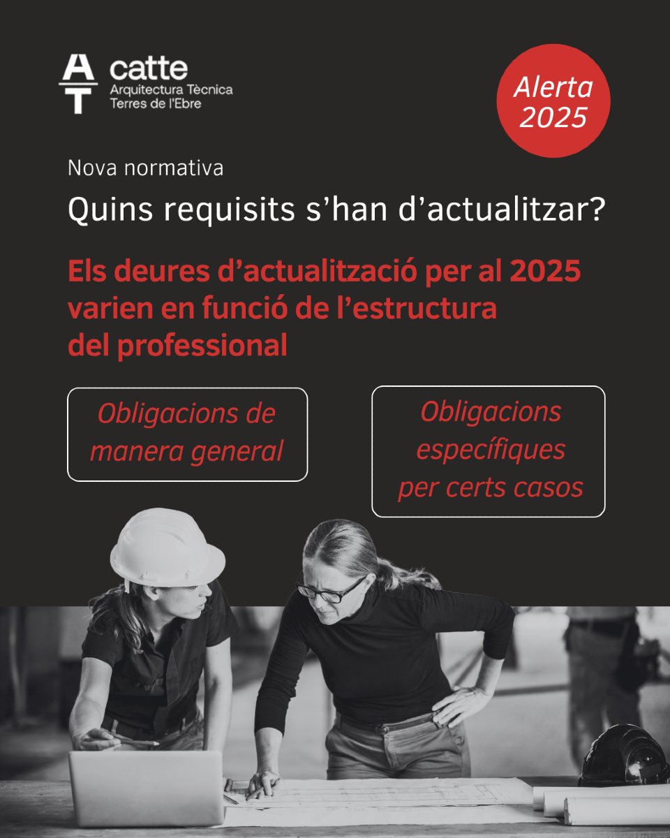 caateete's tweet photo. 📢 Alerta 2025

➡️ Com procedir? Contacta amb Bonet Consulting per consultar els requisits que has d'actualitzar en funció de la teva estructura professional.

📩 pmc@bonetconsulting.com
☎️ 933 632 370

#CATTE #ArquitecturaTècnica #TerresdelEbre https://t.co/moMhQP7u0Y