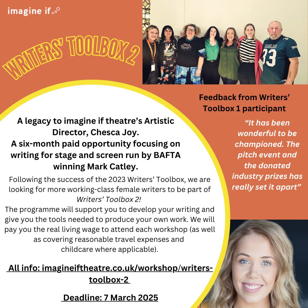 mafwatheatre.bsky.social (@mafwatheatre) on Twitter photo ✨<a href="/imagine_if_co/">Imagine If Theatre</a> have launched Writers' Toolbox 2, a beautiful legacy project in memory of Artistic Director Chesca Joy, continuing her dream of supporting working class female writers.
Learn about this 6 month paid programme writing for stage & screen: buff.ly/4axW6XT ✨<a href="/imagine_if_co/">Imagine If Theatre</a> have launched Writers' Toolbox 2, a beautiful legacy project in memory of Artistic Director Chesca Joy, continuing her dream of supporting working class female writers.
Learn about this 6 month paid programme writing for stage & screen: buff.ly/4axW6XT