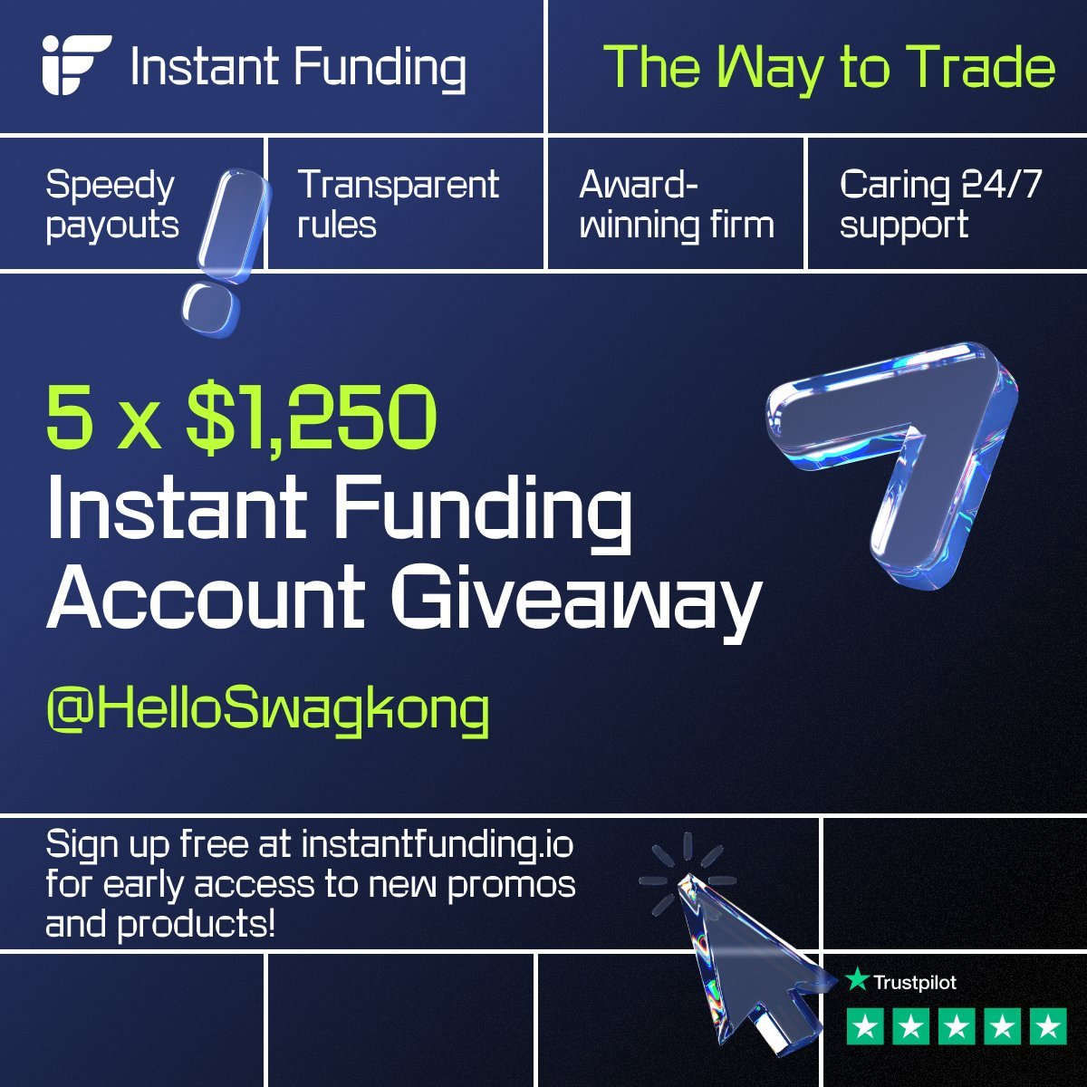 5x $1.250 Instant Funding account giveaway with
<a href="/InstantFunding_/">Instant Funding</a>! 
Make sure to: 

⚡ Like and retweet this post 
⚡Follow <a href="/InstantFunding_/">Instant Funding</a> , <a href="/LewisM_IF/">Lewis | Instant Funding CEO</a>  , <a href="/HelloSwagkong/">Swag Kong</a>

Winners will be announced on Fabruary 11th! Follow to be eligible to win!  

Join Discord for more giveaways