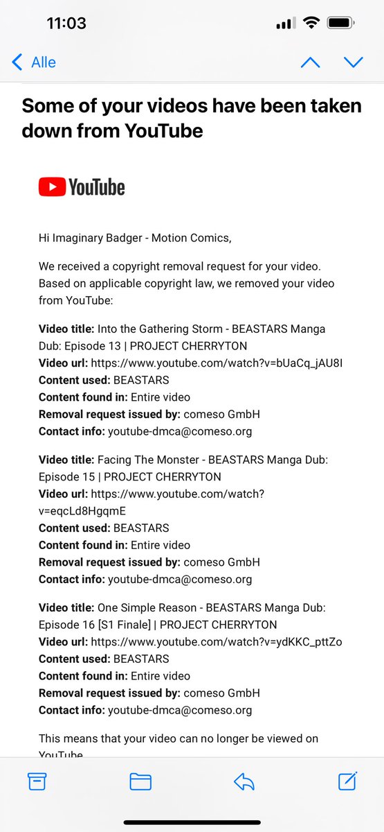 ImaginaryBadgr's tweet photo. Some of our Project Cherryton episodes got DMCA’d and taken down in their entirety. There’s likely no resolution as the “copyright holder” (we can’t verify they truly own the rights for Beastars) only responds with an auto reply insisting they won’t dispute and are in the right. https://t.co/Bbp2VQKbqD