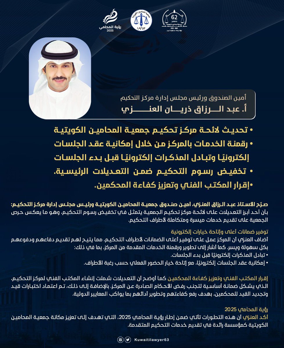 مجلس إدارة جمعية المحامين الكويتية يقر اللائحة الجديدة لمركز تحكيم الجمعية وتخفيض الرسوم وعقد الجلسات الكترونياً وتبادل المذكرات الكترونياً قبل عقد الجلسات لتقليل أمد التداول والمكتب الفني لرفع مستوى جودة الأحكام وإختبارات القيد والقبول في جدول المحكمين.