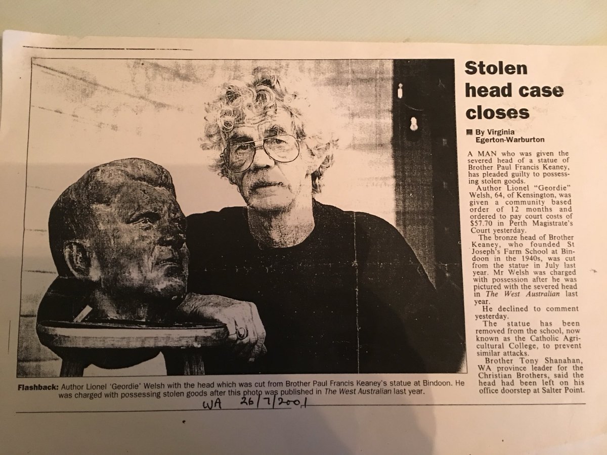 CLAN_AU's tweet photo. Flashback Friday 26/7/2001
Lionel Welsh with the head of #ChristianBrother Paul Kearney #Statue
Kearney was brutal to the #Bindoon Boys #WesternAustralia
#StolenChildhoods
#ChildMigrants
Lionel a lone voice in #Perth we have his books in library
Stolen head
#HistoryMatters https://t.co/UR55jWfiov