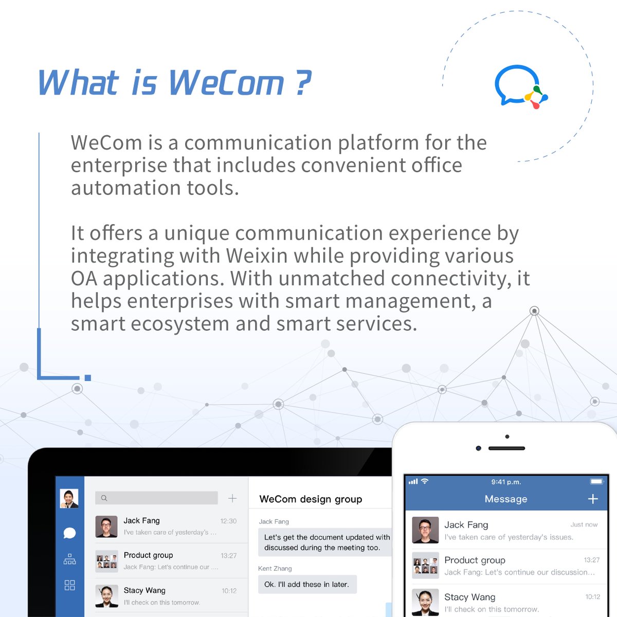 Weixin_WeChat's tweet photo. WeCom seamlessly integrates global collaboration and customer engagement. It empowers Chinese businesses to expand internationally while assisting global companies in driving digital transformation and connecting with China's market. 

#WeCom #GlobalBusiness #Collaboration https://t.co/KPHNZQob7e