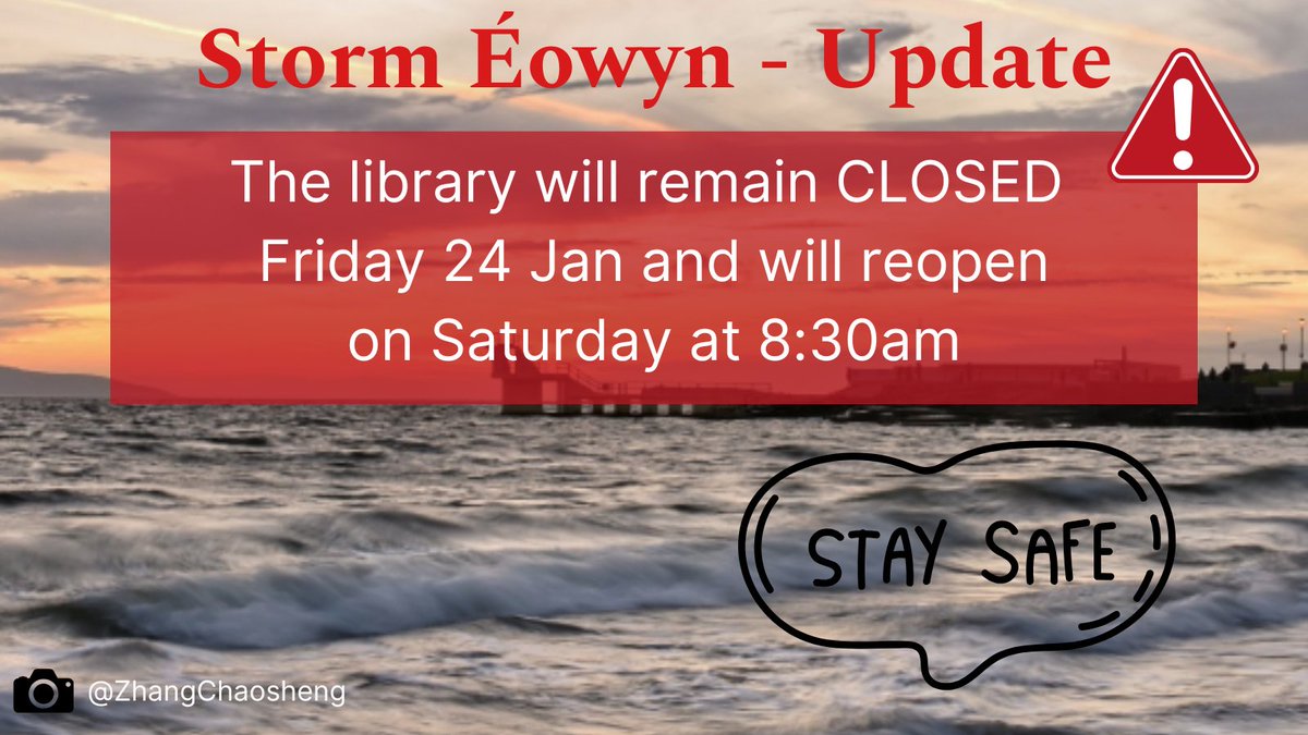 UniOfGalwayLib's tweet photo. Due to significant damage on Campus grounds the Library will remain CLOSED all day on Fri 24 Jan and will reopen tomorrow Sat 25th! #stafsafe #StormEowyn #CampusClosed https://t.co/02swLWCAzz