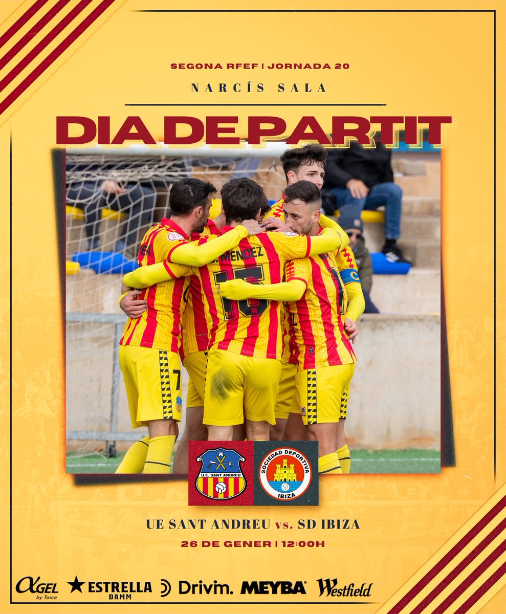 uesantandreu's tweet photo. ⚔️ 𝗗𝗜𝗔 𝗗𝗘 𝗣𝗔𝗥𝗧𝗜𝗧 🔥

🏟️ El Sant Andreu rep la @sdibizaip a les 12:00h al Narcís Sala!

📻 Retransmissió de ràdio a Twitch: https://t.co/sEJgn7EK2o

🖥️ Web i Twitch de @btvesports 

Endavant, quadribarrats! 🟡🔴 https://t.co/PlnE8qFhcT
