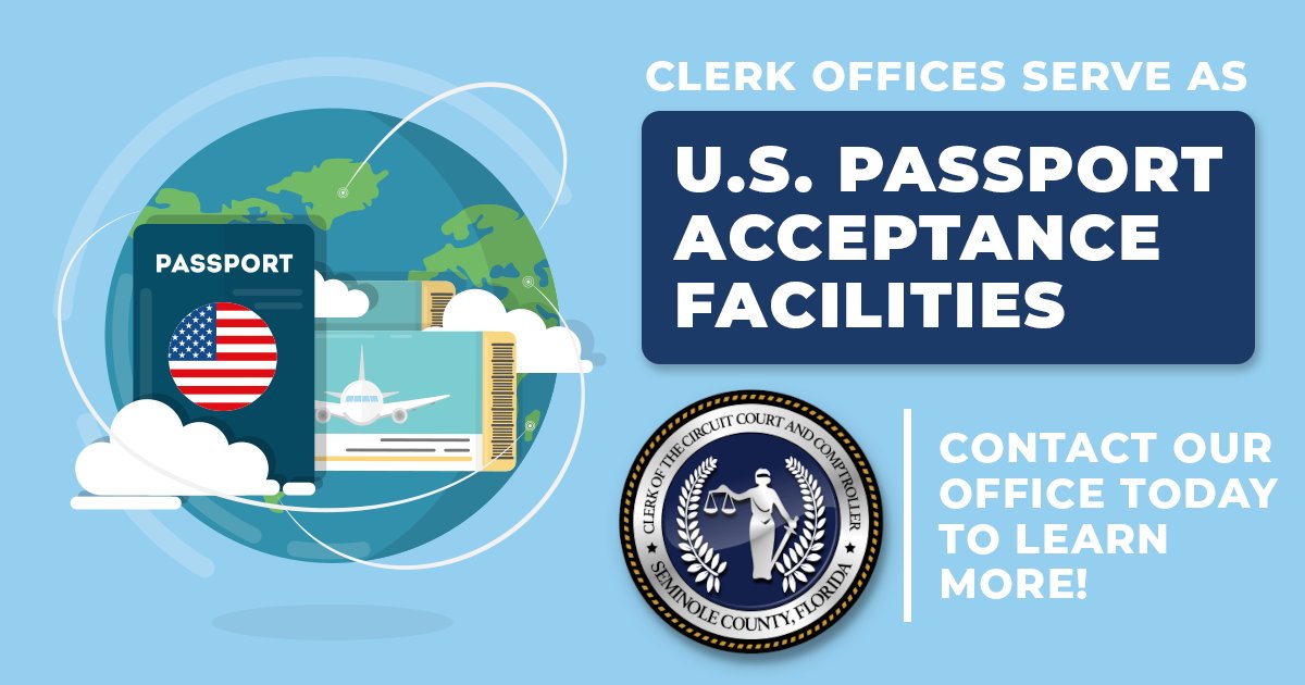 SeminoleClerk's tweet photo. Seminole County Clerk of Court &amp; Comptroller serves as a U.S. Passport Acceptance Facility.
It can take 6-8 weeks to process a passport, so now is a great time to submit applications for any international spring break plans.
Visit https://t.co/QDMtFbHtRR to learn more! https://t.co/cZgYIC6jsi