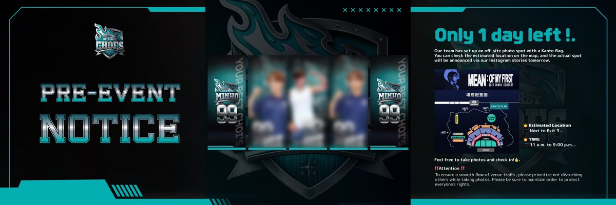 of_first_chois's tweet photo. 안녕하세요. MEAN: of First Choi‘s 대만연합서포트팀입니다.
가오슝 콘서트까지 하루만 남았습니다!.

내일 바로 우리가 오래 기다리며 기다렸던 민호의 첫 해외 솔로 콘서트입니다!.
여러분이 공연을 잘 즐기시고 철저히 준비할 수 있기 위해 몇 가지 주의 사항을 알려 드리겠습니다.

✅’파란색’ 드레스코드를 맞추고 운동 스타일을 추천합니다.(강요하지 않습니다.)
✅가벼운 마음을 가지고 잘 주무세요.
✅공연 티켓, 응원봉, 베터리를 꼭 챙기시고 중요한 ‘호루라기’도 잊지 마세요.
✅교통 정보를 잘 확인하시고 제시간에 도착하시기 바랍니다.
*1/25 당일에 공연장 근처에서 가오슝 겨울 놀이공원 운영을 시작하니 오후 2시부터 도로를 통제할 겁니다!.
✅깨끗한 공연장이 유지될 수 있게 공연 끝난 후에 반드시 이벤트 물품과 쓰레기를 칭겨 나가세요. 

또한, 이번 공연장 밖에서 샤월분들에게 깃발을 준비했습니다.
예상 배치 위치는 지도 위 표시를 참고해 주시기 바라며 정확한 배치 위치는 당일에 다시 인스타스토리로 공지할 겁니다.
🔥예상 배치 위치: 해음관 3번 출구 옆.
🔥예상 배치 시간: 1/25 오전 11시~오후 9시.

인증샷을 많이 찍어주세요👍.
‼️주의 사항‼️
타인에게 불편을 끼치지 않도록 인증샷을 찍을 때 질서를 잘 지켜주시기 바랍니다.