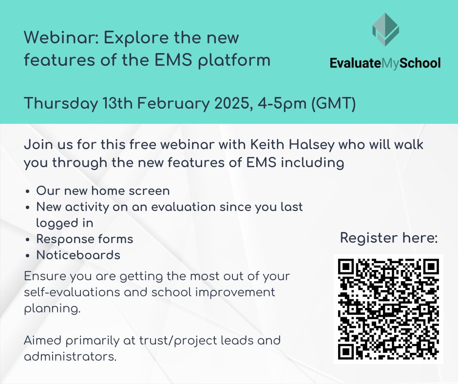 EvaluateSchool's tweet image. Join us for a webinar on the 13th February, to hear all about the new features we've added to enhance your self-evaluations and school improvement planning.
Register for free here:
events.teams.microsoft.com/event/4a136a12…