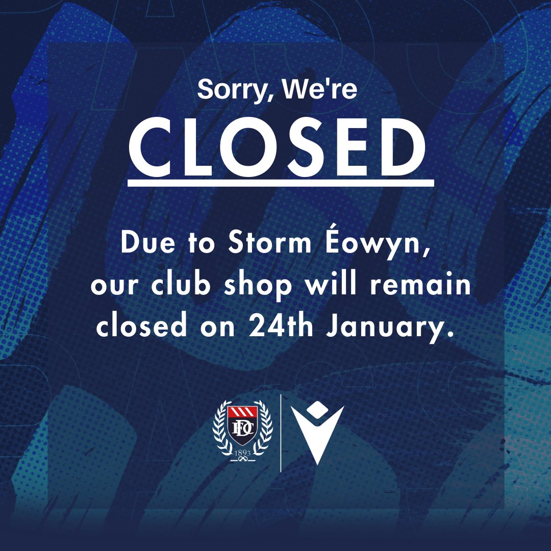 ⚠️🌪️ Important Update: Storm Éowyn!

Due to the severe weather caused by Storm Éowyn, our club shop will remain closed on 24th January for everyone’s safety.

We apologise for any inconvenience and thank you for your understanding. Stay safe!

#Dundee1893 #thedee #dundeedirect