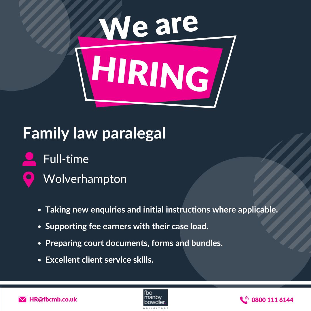 FBC Manby Bowdler (@fbcmanbybowdler) on Twitter photo We're looking for a family law paralegal to join our team in Wolverhampton. 
What you'll be doing:
β’ Supporting our brilliant team with casework
β’ Preparing court documents
β’ Helping clients with their enquiries
fbcmb.co.uk/careers/our-la⦠We're looking for a family law paralegal to join our team in Wolverhampton. 
What you'll be doing:
β’ Supporting our brilliant team with casework
β’ Preparing court documents
β’ Helping clients with their enquiries
fbcmb.co.uk/careers/our-laβ¦