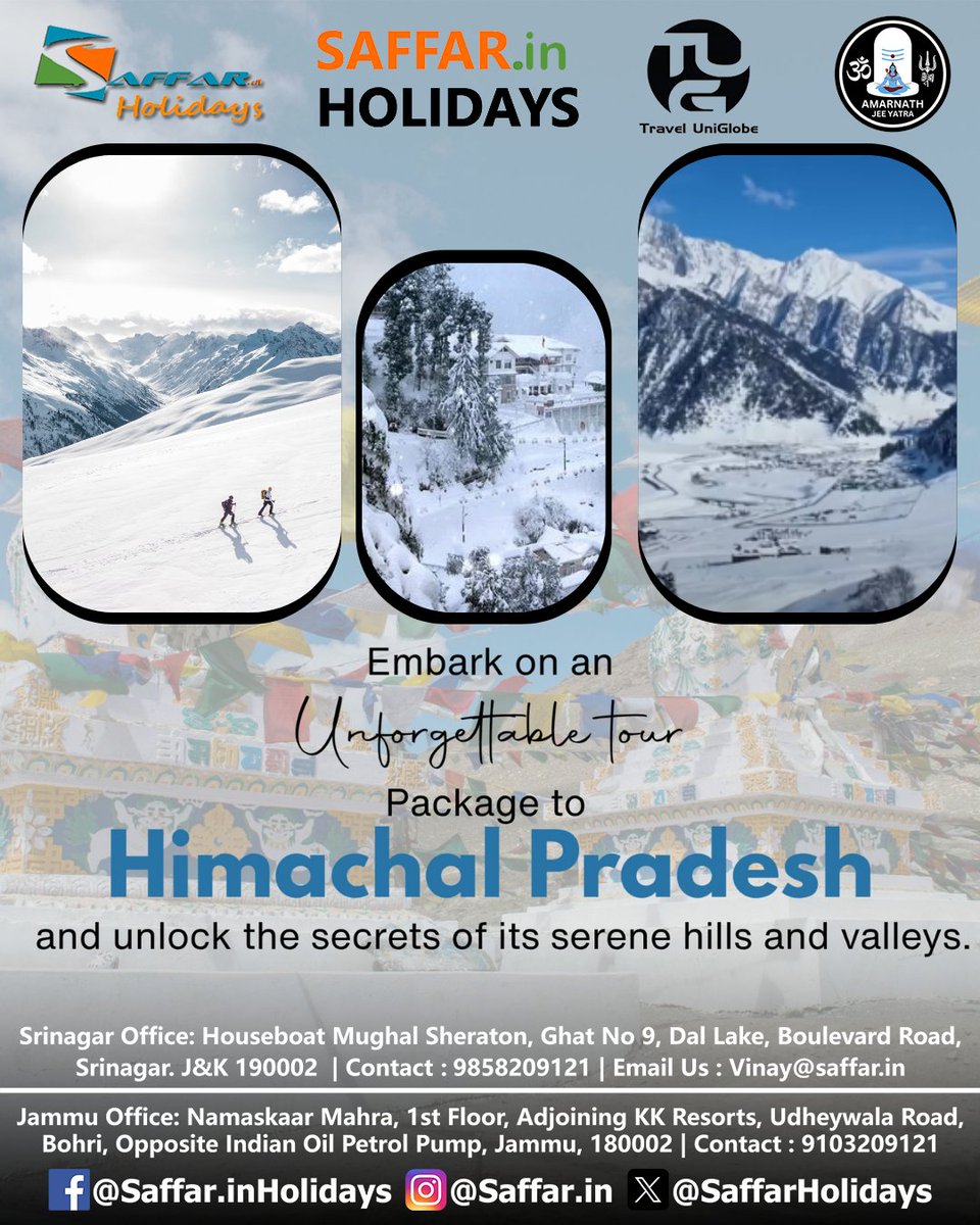 SaffarHolidays's tweet photo. Book Your Package Today !
9858209121 | 9103209121
Srinagar Address: Houseboat Mughal Sheraton, Ghat No. 9, Dal Lake, Boulevard Road, Srinagar. 190002
#kashmir #srinagar #leh #ladakh #gurez #travel #holiday #vacation #wanderlust #adventure #Saffar #SaffarHolidays https://t.co/KnuOIFpx4J