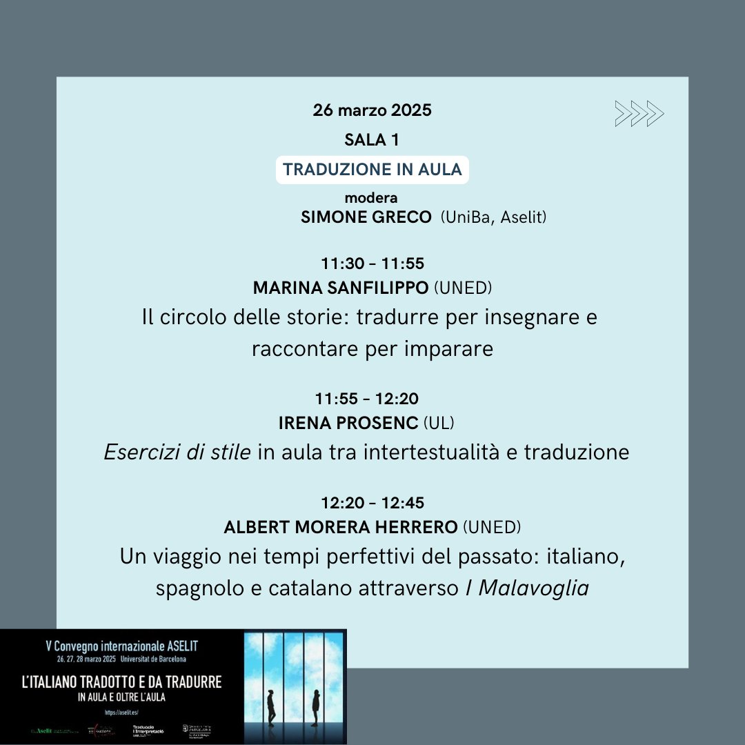 Aselit5's tweet photo. ✨ Vi presentiamo le prime tre sessioni parallele del 26 marzo: Traduzione in aula, Traduzione fuori dall'aula e Lingua/Linguistica.

🔗 Per info sul programma:

https://t.co/3FagzTwxSK

#siamoaselit #convegnoaselit5 #italianistica #traduzioneita #filologíaitaliana https://t.co/0fdtiPmzCn