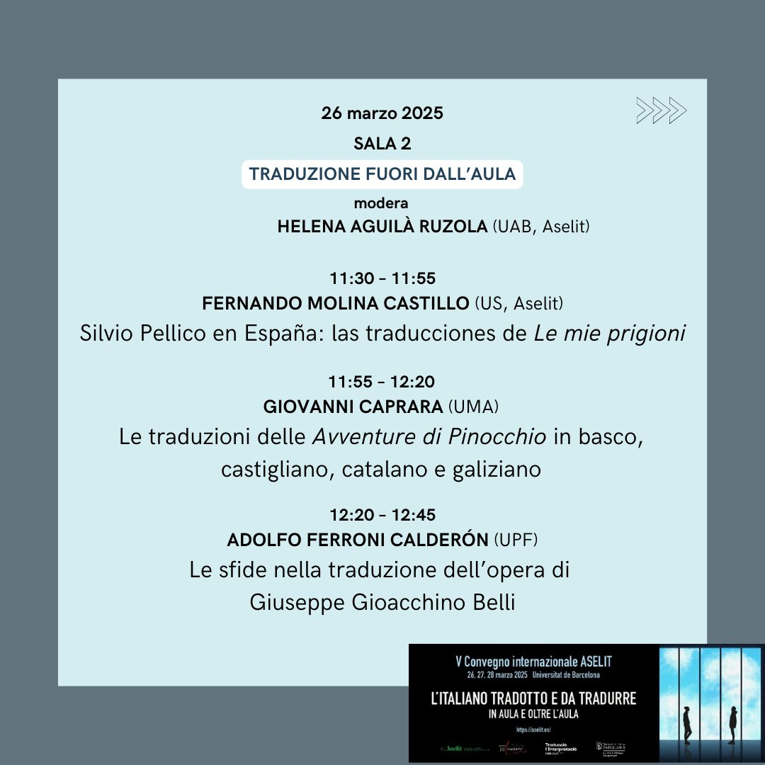 Aselit5's tweet photo. ✨ Vi presentiamo le prime tre sessioni parallele del 26 marzo: Traduzione in aula, Traduzione fuori dall'aula e Lingua/Linguistica.

🔗 Per info sul programma:

https://t.co/3FagzTwxSK

#siamoaselit #convegnoaselit5 #italianistica #traduzioneita #filologíaitaliana https://t.co/0fdtiPmzCn