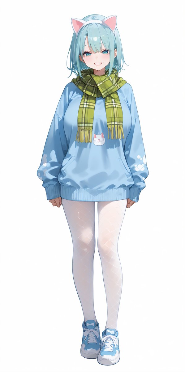 AI_Kei75's tweet photo. 🌟ぎゃるコレ🌟 0⃣4⃣5⃣
※Ponyモデル向けの衣装です。

white headband with white fake cat ears, ultra baggy light cyan pullover with cat-silhouette motif print, baggy long sleeves, loose sleeve hems that cover wrists, green tartan plaid scarf, bottomless, white fishnet pantyhose with uniform and beautiful mesh pattern, light cyan sports shoes,

#ぎゃるコレ