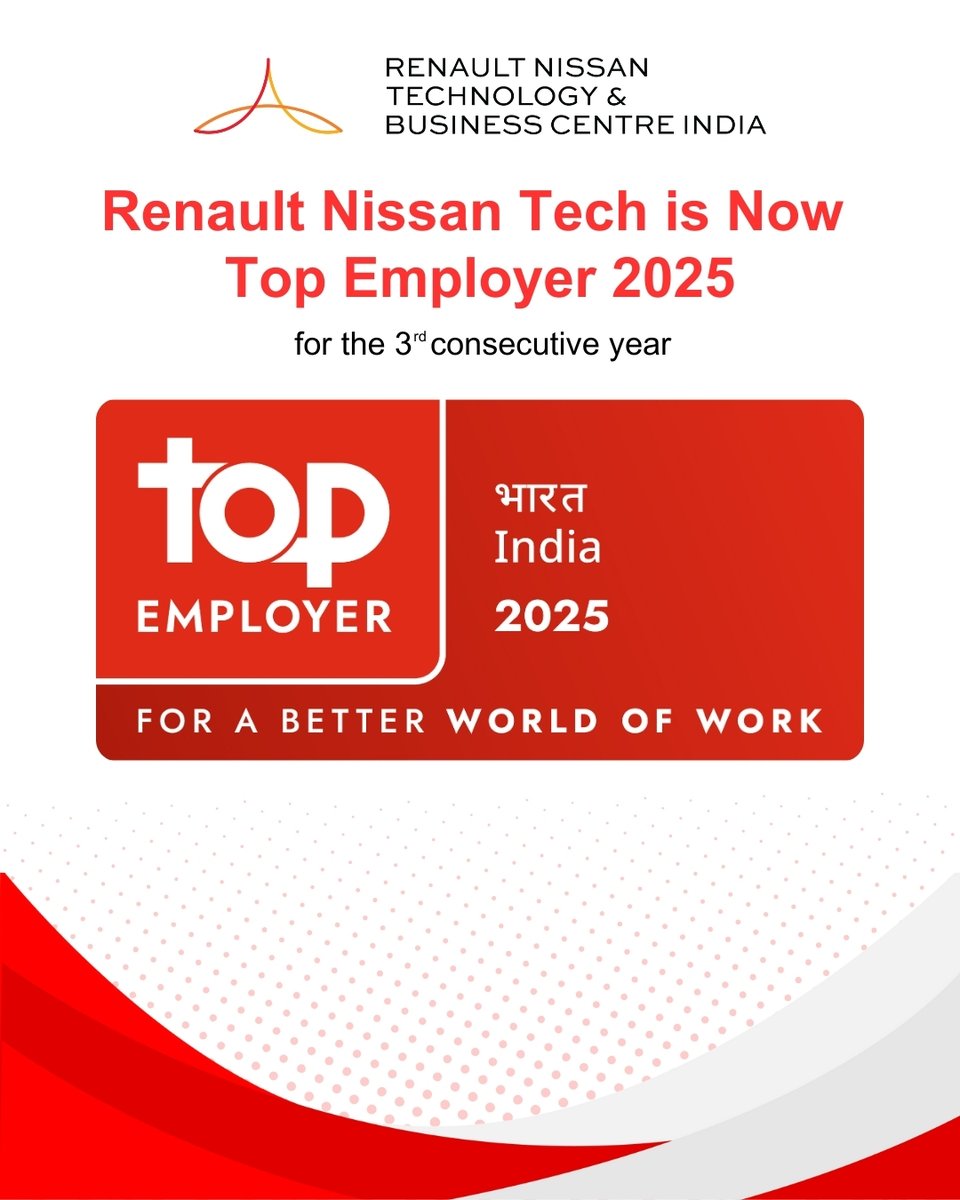 officialRNTBCI's tweet photo. Renault Nissan Tech has been recognized as a Top Employer India for 2025, marking a third consecutive year of this prestigious honour. Ranked No.05 among Top Employer Certified Companies in India, the award was presented to Debashis Neogi, Managing Director, on stage. https://t.co/s8Jl2Vkarp