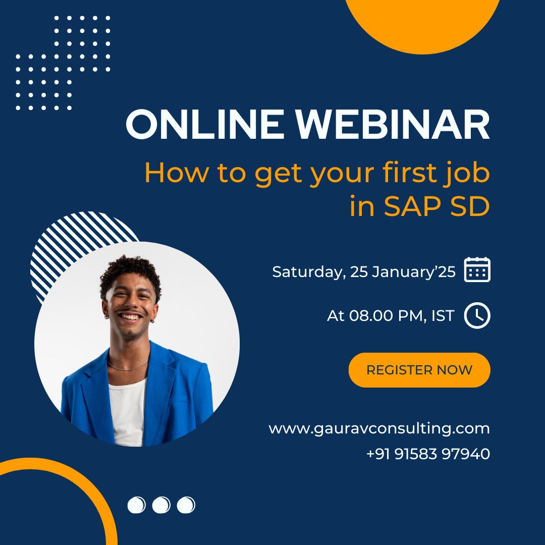 saphanacourses's tweet image. Webinar Alert: How to Get Your First Job in SAP SD 

📅 Date: 25th January 2025
⏰ Time: 8:00 PM IST

📲 Seats are Limited! Register Now: gauravconsulting.com/booking-calend…

#SAPSD #Webinar #CareerInSAP #SAPJobs #FreshersInSAP #SAPTraining