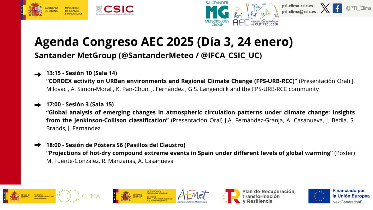 💼 CONGRESO AEC 2025: Día 3

🟢 Último (pero no por eso menos importante) día en el Congreso de la AEC. Este es el menú del Grupo de Clima (<a href="/IFCA_CSIC_UC/">IFCA</a>) para hoy Viernes. Interesantes contribuciones sobre #CORDEX #WeatherTypes y #CompoundEvents.

#AEC